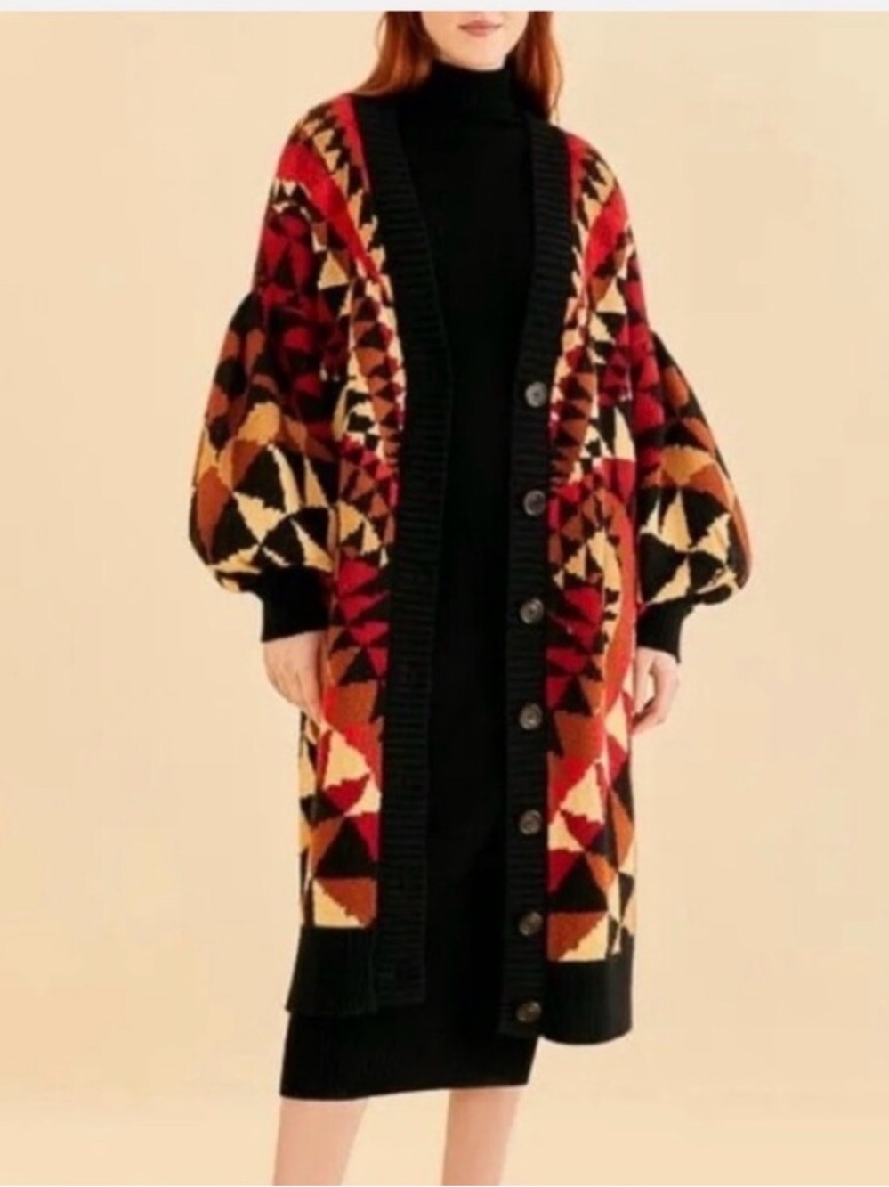 FARM RIO Geometric Heart Deco Knit Cardigan Sweater - Red/Black/Cream - Picture 3 of 7